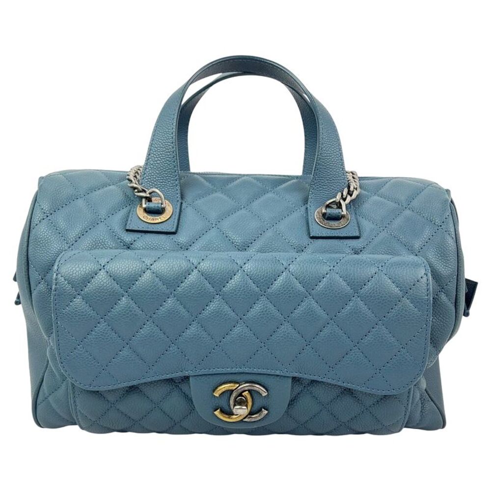 Chanel Quilted Caviar Large Blue Bowling Bag Ruthenium